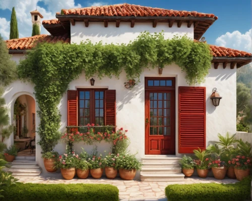 houses clipart,exterior decoration,house with caryatids,garden elevation,house painting,home landscape,spanish tile,traditional house,stucco frame,hacienda,house insurance,stucco wall,villa,plantation shutters,garden buildings,country house,small house,red roof,holiday villa,house painter,Illustration,Retro,Retro 10