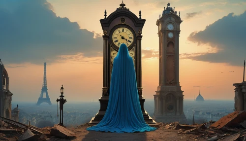 grandfather clock,fantasy picture,clockmaker,blue enchantress,transistor,shard of glass,tower clock,clock tower,hourglass,fantasy art,spire,scales of justice,world digital painting,fantasia,minarets,fantasy city,medieval hourglass,landmark,heroic fantasy,cinderella,Photography,General,Realistic