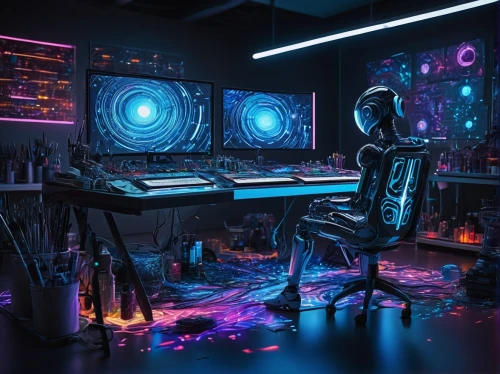 music workstation,computer room,music producer,computer workstation,working space,computer desk,cyberpunk,playing room,mixing table,in a studio,creative office,studio photo,music studio,home studio,work space,cyber,man with a computer,workspace,workstation,desk,Illustration,Japanese style,Japanese Style 10