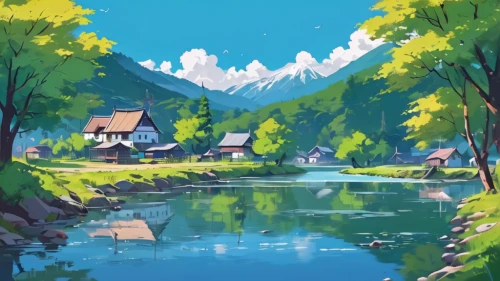 landscape background,mountain spring,japanese alps,japan landscape,mountain village,studio ghibli,creek,small landscape,house in mountains,idyllic,home landscape,summer cottage,alpine village,house in the mountains,summer day,cottage,scenery,mountain settlement,house by the water,little house,Illustration,Japanese style,Japanese Style 06