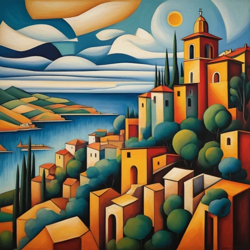 italian painter,david bates,liguria,santa fe,alghero,sicily,puglia,art deco,coastal landscape,volterra,apulia,balearica,tuscan,olle gill,calabria,carol colman,mediterranean,lipari,dubrovnic,church painting,Art,Artistic Painting,Artistic Painting 21