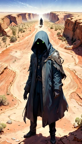 the wanderer,wanderer,nomad,cloak,hooded man,desert,dune,merzouga,sci fiction illustration,traveler,cg artwork,traveller,desert background,pilgrim,the desert,capture desert,concept art,martian,monk,guards of the canyon,Anime,Anime,General