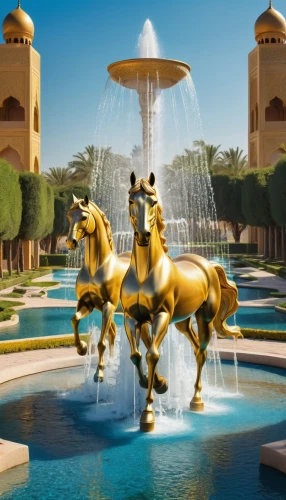 the horse at the fountain,arabian horses,decorative fountains,dolphin fountain,emirates palace hotel,golden unicorn,fountain of friendship of peoples,arabian horse,city fountain,equestrian statue,rajasthan,mozart fountain,lion fountain,garden of the fountain,alcazar of seville,fountain of neptune,two-horses,arabian camel,qasr al watan,thoroughbred arabian,Conceptual Art,Fantasy,Fantasy 03