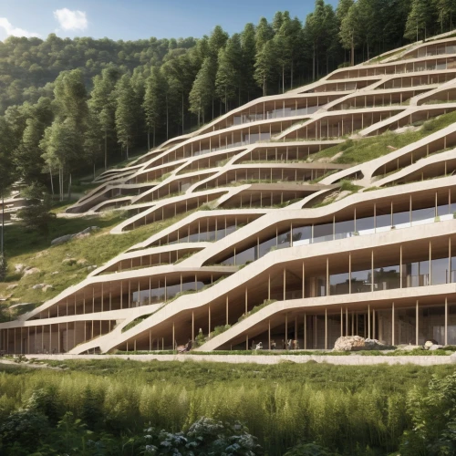 eco hotel,eco-construction,terraces,futuristic architecture,building valley,hahnenfu greenhouse,building honeycomb,archidaily,honeycomb structure,solar cell base,kirrarchitecture,wooden construction,ski resort,hotel complex,chinese architecture,dunes house,alpine style,danyang eight scenic,arhitecture,timber house,Photography,General,Realistic