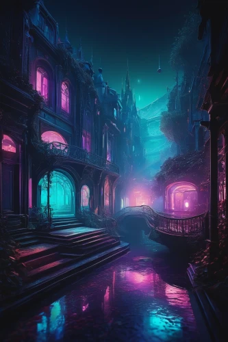 lagoon,fantasy city,vapor,underground lake,canals,fantasy landscape,futuristic landscape,3d fantasy,acid lake,nightscape,dusk,night scene,underwater oasis,aurora village,ultraviolet,neon ghosts,cyberpunk,cityscape,fantasy world,ancient city,Photography,Black and white photography,Black and White Photography 15