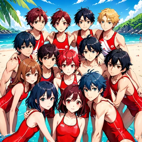 volleyball team,beach sports,kawaii people swimming,young swimmers,red summer,beach background,summer background,honolulu,beach goers,volleyball,swimmers,group photo,beach volleyball,medley swimming,water volleyball,summer icons,swimwear,lover's beach,rio 2016,the sea of red,Anime,Anime,Realistic