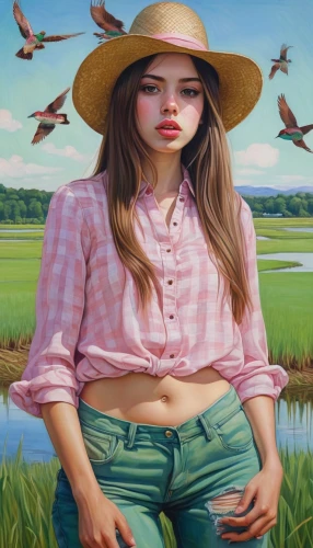 girl lying on the grass,vietnamese woman,mina bird,han thom,girl with cereal bowl,the rice field,asian woman,oil on canvas,ricefield,girl wearing hat,woman with ice-cream,girl with a dolphin,girl on the river,girl with bread-and-butter,farm girl,woman frog,oil painting,kaew chao chom,oil painting on canvas,janome chow,Conceptual Art,Daily,Daily 15