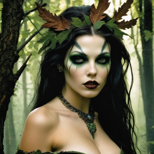 dryad,faerie,the enchantress,faery,faun,celtic queen,gothic woman,dark elf,sorceress,fairy queen,evil fairy,gothic fashion,rusalka,dark angel,elven,fantasy woman,paganism,elven forest,druid,elven flower,Illustration,Realistic Fantasy,Realistic Fantasy 10