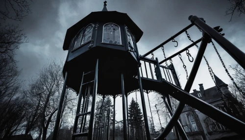 dark park,haunted castle,lookout tower,fire tower,haunted cathedral,belfry,witch house,the haunted house,gallows,watertower,play tower,water tower,bell tower,carpathian bells,ghost castle,dark gothic mood,guillotine,watchtower,haunted house,carillon,Illustration,Realistic Fantasy,Realistic Fantasy 46