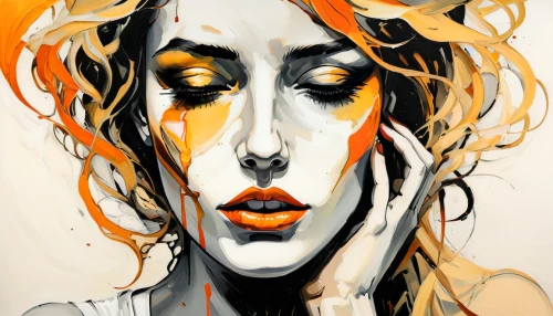 painted lady,gold paint strokes,gold paint stroke,woman face,clementine,fashion illustration,woman's face,gold leaf,yellow orange,orange blossom,orange yellow,paint strokes,thick paint strokes,brushstroke,blonde woman,face portrait,pieces of orange,woman portrait,gold foil art,feist,Conceptual Art,Oil color,Oil Color 08