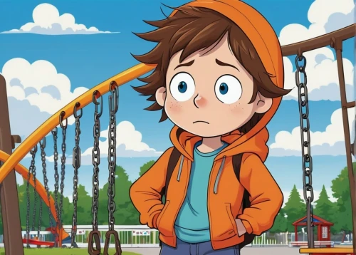 dipper,child in park,amusement park,cute cartoon character,animated cartoon,cute cartoon image,river pines,kid hero,empty swing,marco,noah,children's background,main character,trestle,child boy,recess,kids illustration,clementine,parka,hoodie,Illustration,Children,Children 02