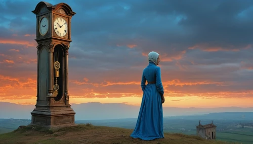 fantasy picture,grandfather clock,daybreak,flow of time,fantasy art,frederic church,blue enchantress,photo manipulation,landmark,longing,the horizon,girl in a long dress,skywatch,photomanipulation,celtic woman,the eleventh hour,evening atmosphere,overlook,rapunzel,conceptual photography,Photography,General,Realistic