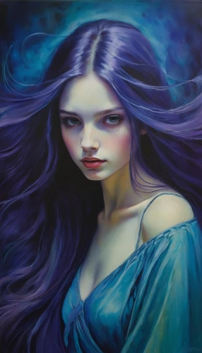 la violetta,mystical portrait of a girl,blue enchantress,blue violet,fantasy portrait,blue moon rose,sea-lavender,fantasy art,violet,purple lilac,sailing blue purple,bluebell,oil painting on canvas,lavendar,rusalka,violet colour,ultraviolet,fae,rapunzel,jasmine blue,Illustration,Realistic Fantasy,Realistic Fantasy 30