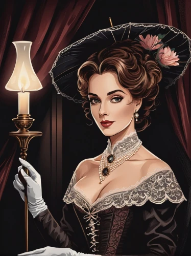 victorian lady,victorian style,victorian fashion,the victorian era,romantic portrait,victorian,gas lamp,game illustration,jane austen,gothic portrait,lady of the night,aristocrat,the carnival of venice,vintage woman,fantasy portrait,venetia,stepmother,a charming woman,dressmaker,the hat of the woman,Illustration,Vector,Vector 01