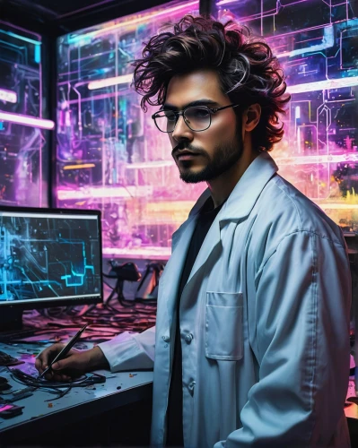 man with a computer,cyberpunk,engineer,researcher,neon human resources,sysadmin,scientist,computer science,cyber glasses,elektroniki,theoretician physician,hardware programmer,biologist,night administrator,dj,kasperle,programmer,computer art,cyber,computer freak,Conceptual Art,Fantasy,Fantasy 10