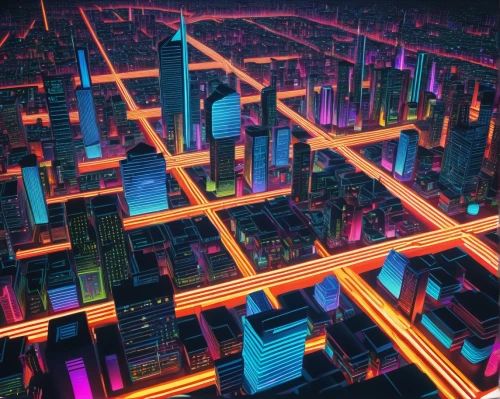 metropolis,colorful city,fantasy city,city blocks,cityscape,cities,city cities,city at night,cyberpunk,tokyo city,cyberspace,city lights,urbanization,citylights,neon arrows,black city,shinjuku,futuristic landscape,tokyo,city trans,Illustration,Realistic Fantasy,Realistic Fantasy 11