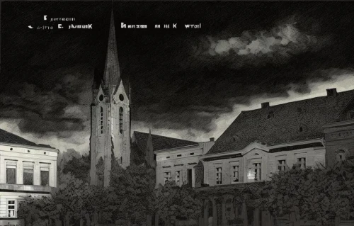 new-ulm,the black church,cd cover,black city,haunted cathedral,black church,blood church,night scene,ervin hervé-lóránth,bremen,home or lost,at night,the postcard,city of wels,escher,game illustration,town,a dark room,background image,ulm,Art sketch,Art sketch,Comic