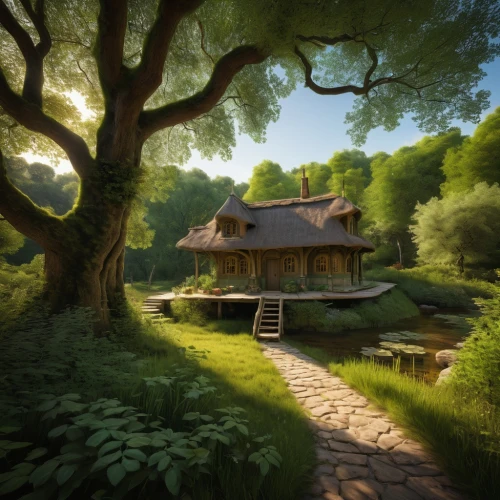 house in the forest,home landscape,hobbiton,tree house,summer cottage,ancient house,little house,korean folk village,druid grove,fantasy landscape,treehouse,wooden house,studio ghibli,cottage,lonely house,traditional house,tree house hotel,country cottage,small house,thatched cottage,Art,Classical Oil Painting,Classical Oil Painting 41