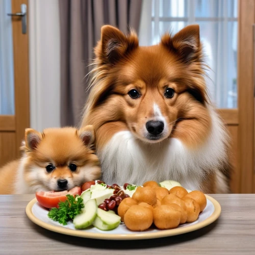 german spitz,chow-chow,dinner for two,indian spitz,pomeranian,german spitz klein,bread rolls,german spitz mittel,two dogs,dog puppy while it is eating,corgis,swedish lapphund,chow chow,finnish lapphund,baked potatoes,purebred dog,croquette,coxinha,potcake dog,loukoumades,Photography,General,Realistic