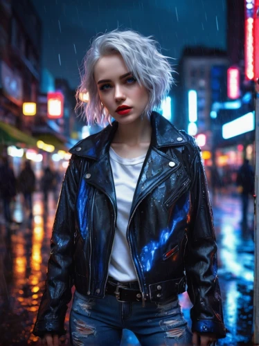 cyberpunk,grunge,jean jacket,blue rain,denim jacket,jacket,renegade,punk,silver rain,portrait background,world digital painting,cruella,birds of prey-night,harley,photoshop manipulation,walking in the rain,dystopian,in the rain,cruella de ville,femme fatale,Illustration,Paper based,Paper Based 21