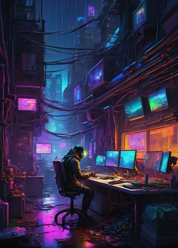 cyberpunk,cyber,cyberspace,computer,computer room,computer addiction,man with a computer,computer art,computer workstation,computers,computer freak,working space,computer desk,wires,virtual world,coder,electronic,desktop,computer game,disconnected,Illustration,Retro,Retro 22