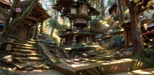 fairy village,labyrinth,3d fantasy,tree house hotel,lost place,tree house,house in the forest,treehouse,lostplace,staircase,druid grove,mountain settlement,fantasy landscape,ancient city,outside staircase,concept art,elves flight,gordon's steps,winding staircase,rainforest