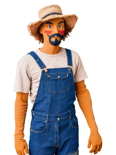 girl in overalls,pubg mascot,scarecrow,farmer,playmobil,overall,wooden doll,model train figure,halloween costume,baby & toddler clothing,blue-collar worker,farmworker,painter doll,coveralls,a carpenter,farmer in the woods,scarecrows,paramedics doll,wearing a mandatory mask,geppetto,Illustration,Paper based,Paper Based 03