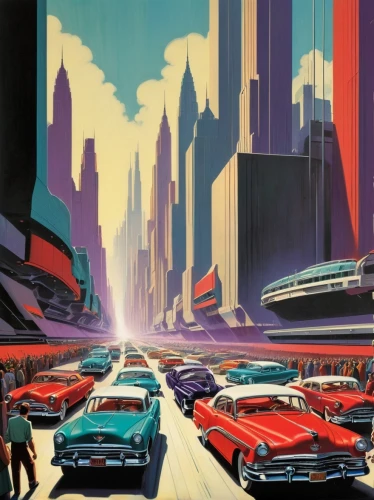 futuristic landscape,metropolis,atomic age,retro automobile,travel poster,cadillac de ville series,retro diner,futuristic,retro background,automobiles,austin cambridge,abstract retro,1960's,edsel bermuda,retro car,cityscape,1980s,futuristic car,edsel,cities,Conceptual Art,Sci-Fi,Sci-Fi 15