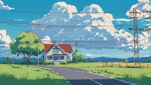 lonely house,studio ghibli,home landscape,outskirts,atmosphere,little house,summer day,seaside country,prairie,neighborhood,country side,powerlines,rural,scenery,house silhouette,neighbourhood,rural landscape,landscape background,summer sky,summer cottage,Illustration,Japanese style,Japanese Style 06