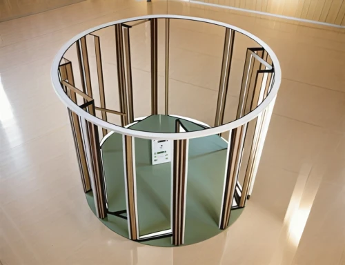 revolving door,parabolic mirror,room divider,circular staircase,klaus rinke's time field,chair circle,box-spring,circle shape frame,folding table,winding staircase,square steel tube,storage basket,vitrine,end table,structural glass,spiral staircase,metal railing,baby gate,thin-walled glass,plate shelf,Photography,General,Realistic