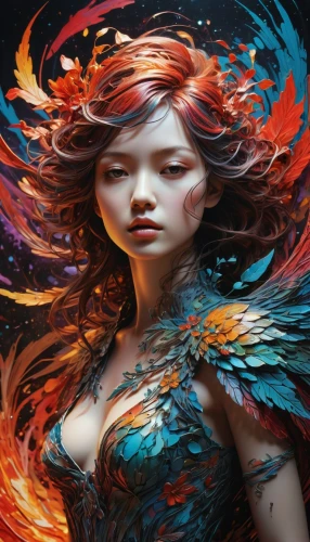 fantasy art,fantasy portrait,flame spirit,fae,transistor,fiery,fire angel,katniss,world digital painting,color feathers,siren,fantasy woman,fire siren,fairy peacock,rosella,faery,phoenix rooster,firebird,merida,fire artist,Illustration,Paper based,Paper Based 13