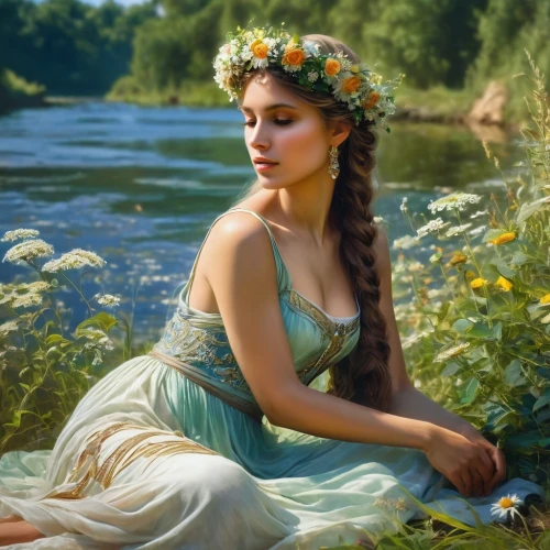 beautiful girl with flowers,girl on the river,emile vernon,fantasy picture,water nymph,faery,girl in flowers,enchanting,celtic woman,fantasy portrait,rusalka,faerie,fantasy art,romantic portrait,fairy queen,splendor of flowers,girl in a long dress,idyll,girl in the garden,spring crown,Conceptual Art,Fantasy,Fantasy 05
