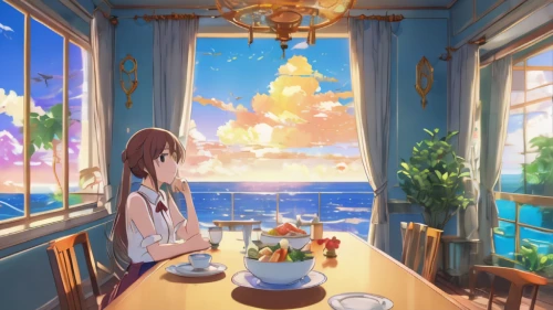 tearoom,watercolor cafe,afternoon tea,tea zen,violet evergarden,cafe,breakfast on board of the iron,teatime,ocean view,summer evening,paris cafe,breakfast room,romantic scene,watercolor tea shop,idyllic,tea drinking,blue room,café,evening atmosphere,the horizon,Illustration,Japanese style,Japanese Style 03