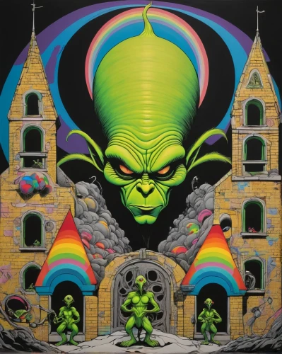 basil's cathedral,mural,high priest,occult,psychedelic art,acid,green goblin,sacred art,devil wall,chalk drawing,temple fade,spawn,1982,murals,loudness,sand art,patrol,1986,church religion,jester,Conceptual Art,Graffiti Art,Graffiti Art 06