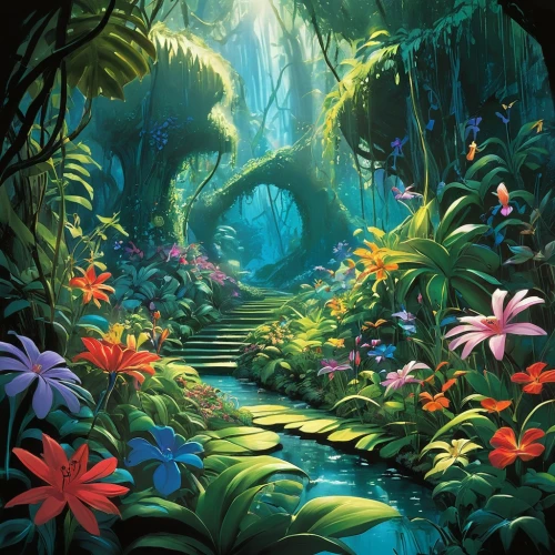 fairy forest,fairy world,fairy village,tropical bloom,rainforest,garden of eden,flora,cartoon video game background,tunnel of plants,tropical jungle,forest floor,elven forest,enchanted forest,fantasia,rain forest,cartoon forest,fantasy landscape,fairytale forest,fantasy picture,forest glade,Illustration,Black and White,Black and White 08