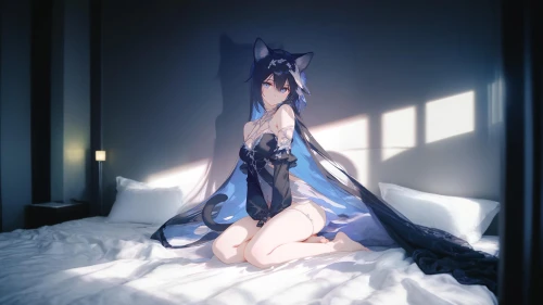 blue pillow,kitsune,winterblueher,nightgown,blue room,stocking,rem in arabian nights,cat in bed,m4a4,gentiana,bed,azure,blu,m4a1,fennec,bed sheet,cat ears,nightwear,mixiote,nyan