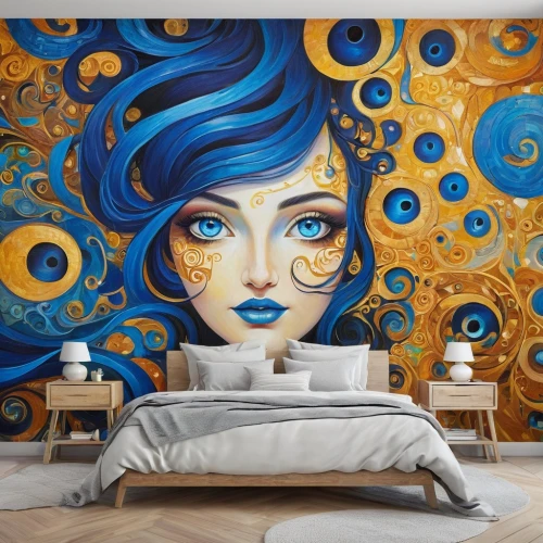 duvet cover,wall decoration,wall art,wall decor,boho art,wall paint,decorative art,modern decor,psychedelic art,art painting,sleeping room,wall painting,blue pillow,woman on bed,painted wall,meticulous painting,blue room,oil painting on canvas,great room,gold wall,Art,Artistic Painting,Artistic Painting 32