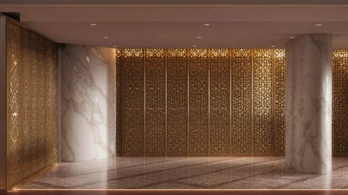 gold wall,patterned wood decoration,3d rendering,lobby,room divider,render,bronze wall,contemporary decor,hallway space,wall panel,interior decoration,hotel lobby,art deco background,ornamental dividers,wall plaster,hotel hall,elevators,stucco wall,interior modern design,gold foil corner,Photography,General,Realistic