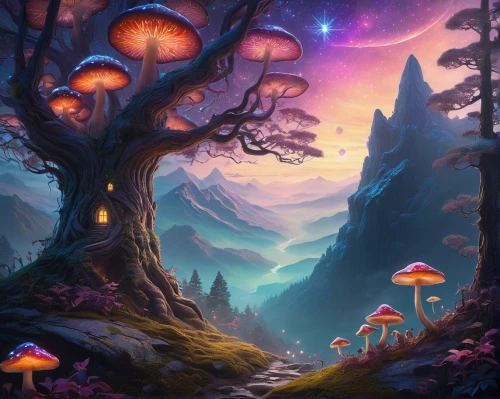 mushroom landscape,mushroom island,fairy forest,fantasy landscape,fairy world,fairy village,forest mushrooms,mushrooms,fairy galaxy,tree mushroom,forest mushroom,toadstools,fantasy picture,fairy lanterns,enchanted forest,elven forest,fairytale forest,forest of dreams,children's background,umbrella mushrooms,Illustration,Paper based,Paper Based 01