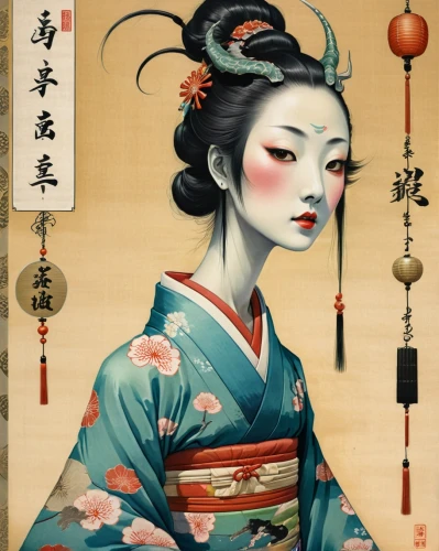 geisha girl,geisha,japanese art,oriental painting,chinese art,cool woodblock images,oriental girl,japanese woman,oriental princess,oriental,taiwanese opera,amano,junshan yinzhen,woodblock prints,tong sui,shakuhachi,the japanese doll,kokeshi,japanese culture,japanese character,Illustration,Realistic Fantasy,Realistic Fantasy 18