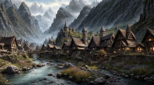 mountain settlement,mountain village,fantasy landscape,alpine village,knight village,aurora village,fairy village,fantasy picture,hobbit,northrend,fantasy art,the valley of the,escher village,mountain valley,medieval town,elven forest,mountain huts,fantasy city,villages,world digital painting