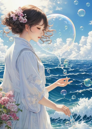 sea breeze,the wind from the sea,the sea maid,fantasy picture,scent of jasmine,the endless sea,sea-lavender,芦ﾉ湖,dreams catcher,cosmos wind,fantasy art,wind wave,fragrant snow sea,jasmine blossom,mystical portrait of a girl,fairies aloft,mermaid background,water pearls,watery heart,blue moon rose,Illustration,Japanese style,Japanese Style 18