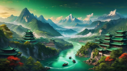 fantasy landscape,world digital painting,landscape background,chinese background,mountainous landscape,fantasy picture,guilin,yunnan,guizhou,mountain landscape,chinese clouds,chinese art,green landscape,wuyi,huashan,ancient city,danyang eight scenic,high landscape,mountain scene,cartoon video game background,Photography,General,Commercial