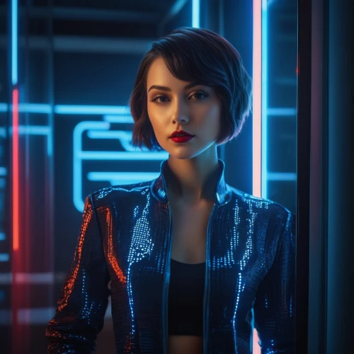 transistor,cyberpunk,retro woman,futuristic,visual effect lighting,retro girl,digital compositing,cg artwork,neon human resources,bolero jacket,scifi,pixie-bob,scene lighting,cyber,neon lights,sci - fi,sci-fi,echo,neon light,neon sign,Illustration,Realistic Fantasy,Realistic Fantasy 27