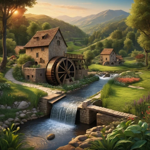 water mill,water wheel,old mill,hobbiton,dutch mill,gristmill,wishing well,mill,potter's wheel,mountain spring,home landscape,fantasy picture,fantasy landscape,hobbit,cartoon video game background,post mill,flour mill,popeye village,landscape background,idyllic,Art,Classical Oil Painting,Classical Oil Painting 05