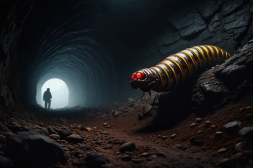 millipedes,ringed-worm,centipede,underground cables,sci fiction illustration,trilobite,cutworms,glowworm,crawling,arthropod,lava tube,photomanipulation,photo manipulation,caving,earwig,descent,serpent,hollow way,pellworm,photoshop manipulation,Illustration,Realistic Fantasy,Realistic Fantasy 12