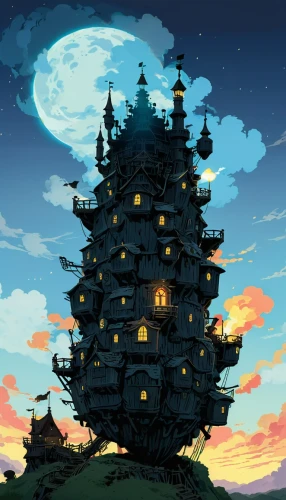 house silhouette,stone pagoda,pagoda,witch's house,studio ghibli,houses silhouette,ancient house,japanese architecture,bird house,bird kingdom,bird tower,witch house,dusk background,birdhouses,tree house,tsukemono,lonely house,fairy chimney,tower of babel,treehouse,Illustration,Japanese style,Japanese Style 05