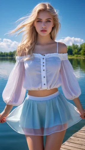 see-through clothing,the blonde in the river,women clothes,women's clothing,girl on the river,ladies clothes,women fashion,bodice,lycia,white skirt,beautiful young woman,the sea maid,navel,female model,pastel colors,white clothing,tennis skirt,cotton top,summer clothing,cute clothes,Conceptual Art,Fantasy,Fantasy 13
