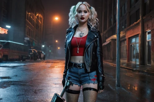 harley quinn,harley,grunge,birds of prey-night,jennifer lawrence - female,wallis day,red hood,cyberpunk,bad girl,renegade,femme fatale,punk,piper,red shoes,digital compositing,lily-rose melody depp,walking in the rain,streampunk,gothic fashion,red lipstick,Photography,Fashion Photography,Fashion Photography 17