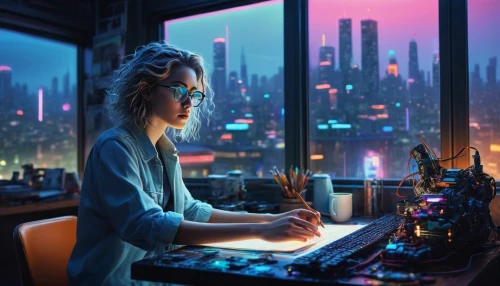 cyberpunk,girl at the computer,sci fiction illustration,world digital painting,cityscape,girl studying,cg artwork,city lights,computer,computer art,man with a computer,synthesizer,computer addiction,metropolis,fantasy city,freelancer,coder,night administrator,cyberspace,women in technology,Photography,Fashion Photography,Fashion Photography 20